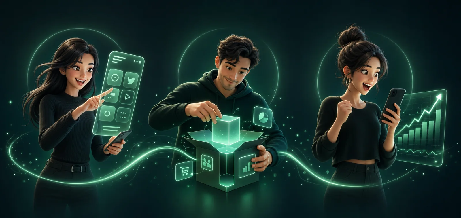 Platform seçimi, paket oluşturma ve büyüme adımlarını gösteren 3D anime karakterler