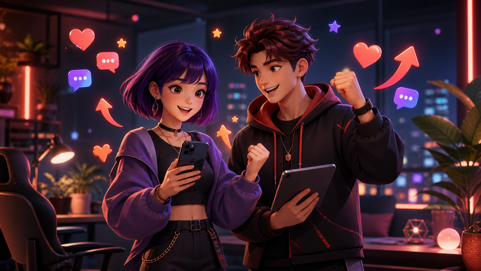 Telefon ve tabletleriyle sosyal medya başarılarını kutlayan iki özgün anime karakter